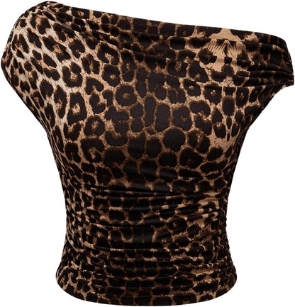 Floerns Women's Y2K Leopard Asymmetrical Neck T Shirt Sleeveless Cheetah Ruched Tee Shirts