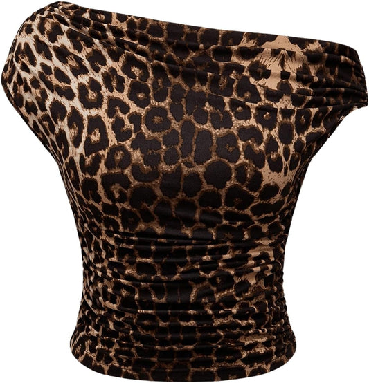 Floerns Women's Y2K Leopard Asymmetrical Neck T Shirt Sleeveless Cheetah Ruched Tee Shirts