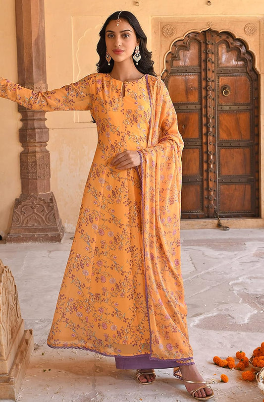 Janasya Indian Women's Yellow Flowy Printed Kurta Kurti Top Tunic Festive Evening wear Kurta Set with Dupatta for Women