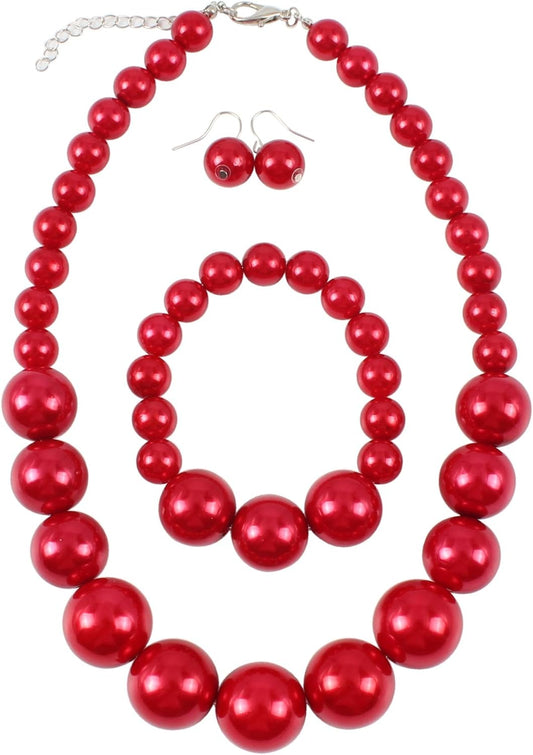 KOSMOS-LI Women's Large Big Simulated Pearl Statement 19" Necklace Bracelet and Earrings Jewelry Set
