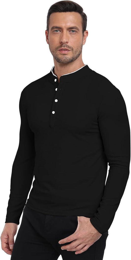 KUYIGO Men's Long Sleeve Slim Fit Mandarin Polo Shirts Waffle Button Fashion Casual Tops T-Shirt