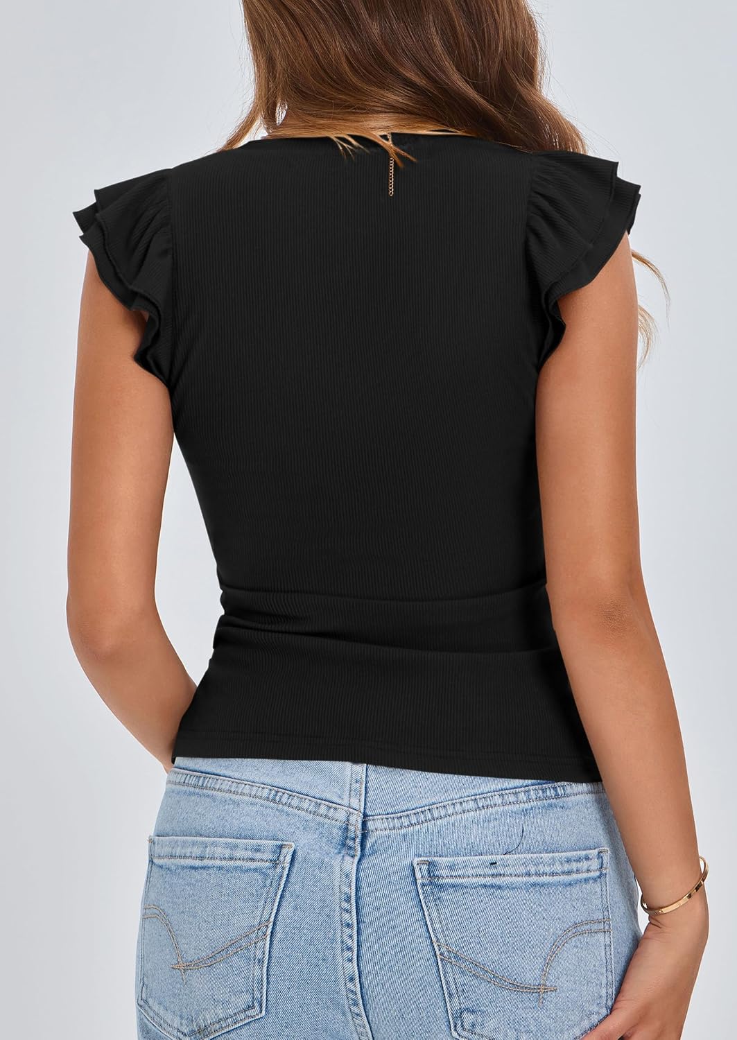 PRETTYGARDEN Womens V Neck Summer Tops Ruffle Sleeveless Slim Fit T Shirts Going Out Casual Blouses 2025