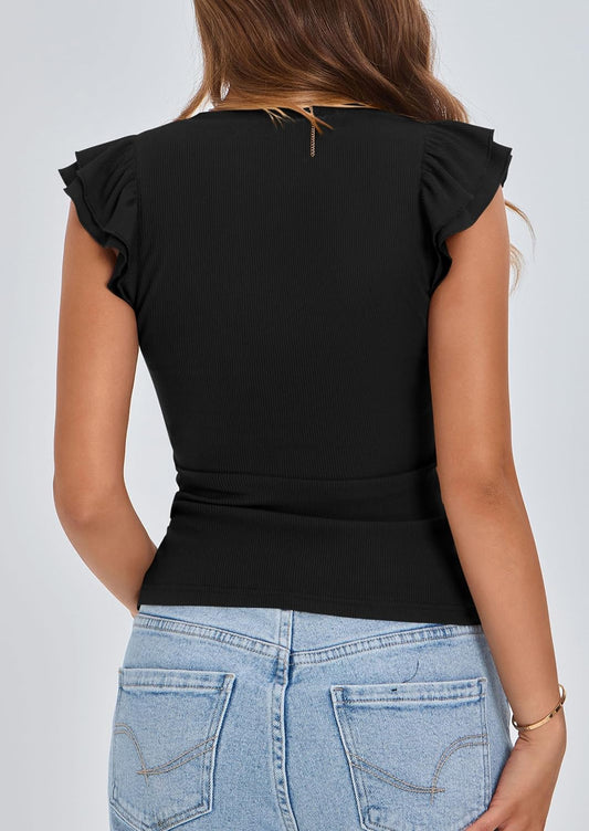 PRETTYGARDEN Womens V Neck Summer Tops Ruffle Sleeveless Slim Fit T Shirts Going Out Casual Blouses 2025