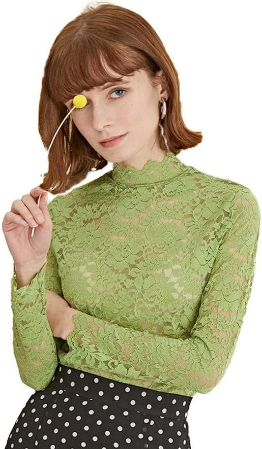 Women Floral Summer Lace Top Eyelash Trim Sexy Long Sleeves Plus Size Casual Dressy Shirt with Camisole Two Piece