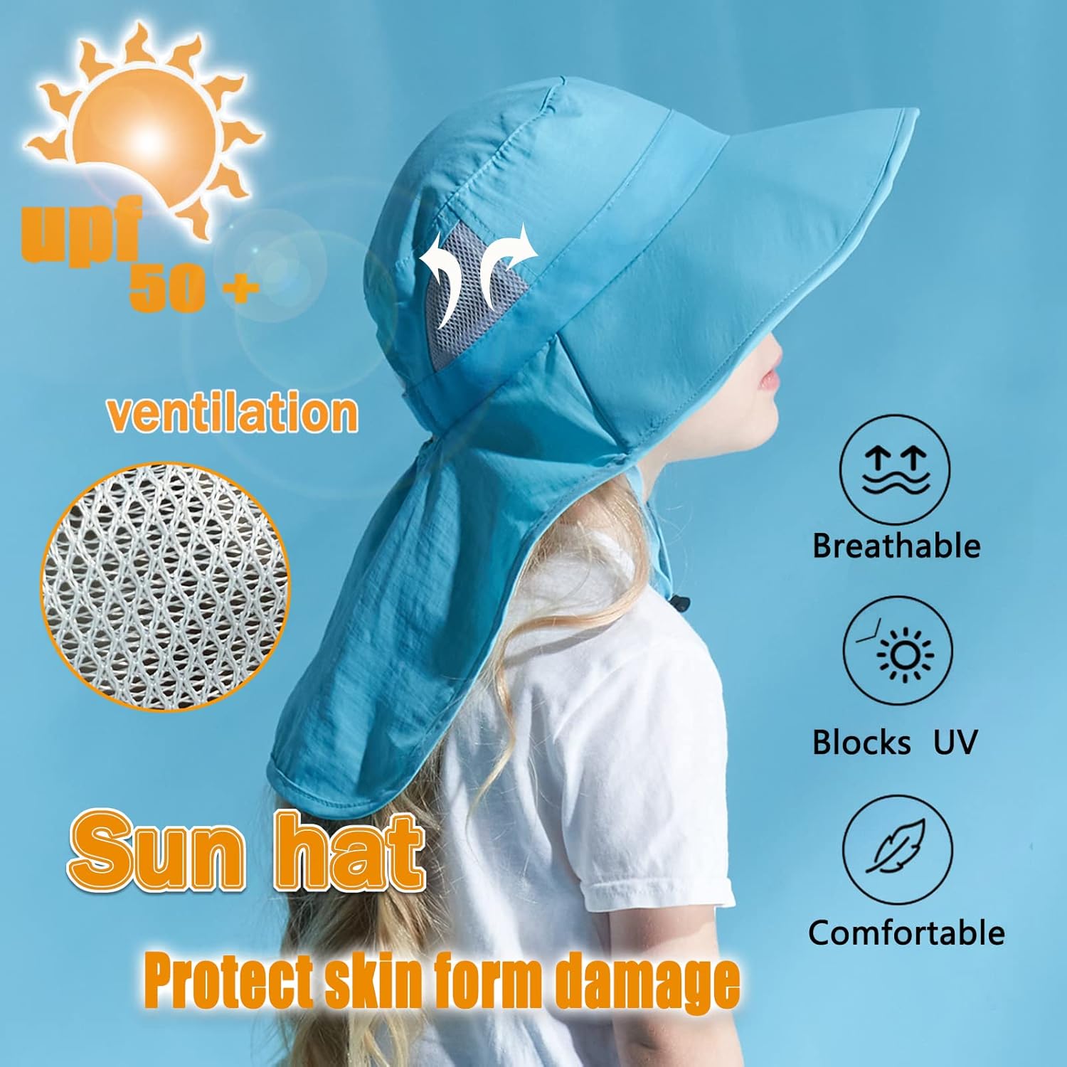 Kids Sun Hats UPF 50+ Sun Protection Hat for Kids with Neck Flap Adjustable Large Brim Beach Fishing Hat for Age 3-12