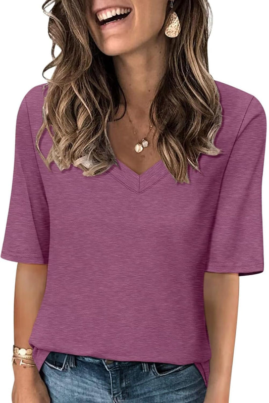 Minetom Women's V Neck T Shirts Casual Half Sleeve Tops Basic Summer Tees