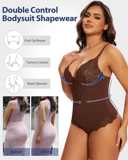 SHAPERIN Sexy Lace Shapewear Bodysuit Women's Sleeveless V Neck Tummy Control Backless Thong Tank Tops Body Suit Shaper