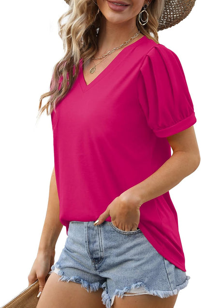 Geifa Womens Summer Tops Puff Short Sleeve V Neck T Shirts Loose Casual Tshirts