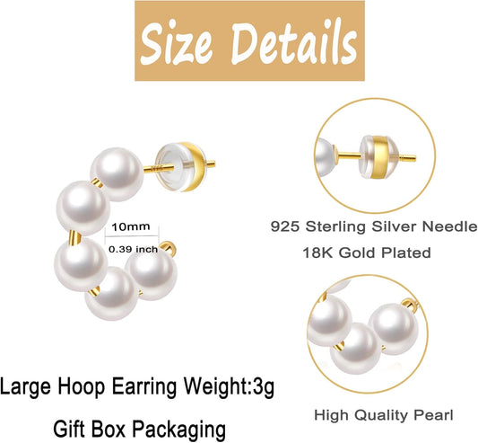 Pearl Hoop Earrings for Women Small Pearl Hoop Earrings Gold Plated Lightweight Open Large Circle Round Pearl Earrings Jewelry Birthday Gift for Women