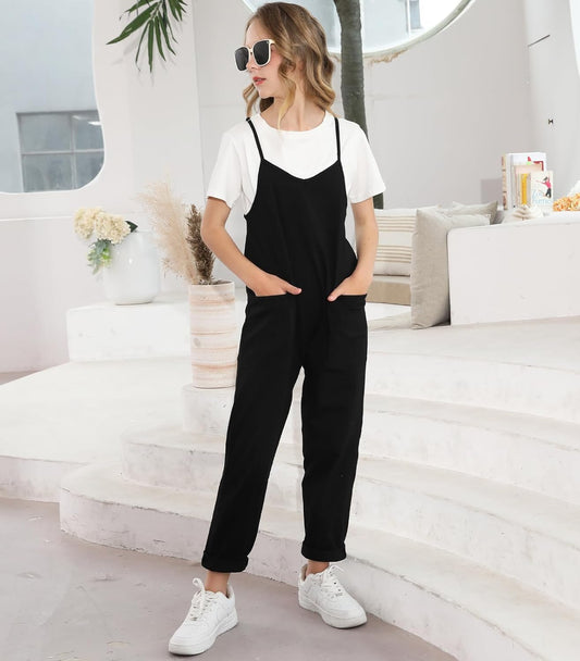 RAISEVERN Jumpsuits for Girls Casual Sleeveless Loose Spaghetti Strap Summer Rompers Long Pants with Pockets