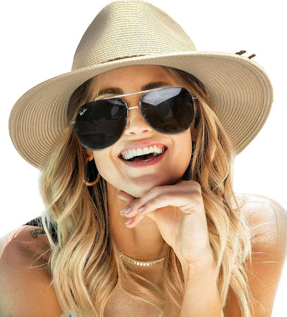FURTALK Sun Hats for Women Summer Wide Brim UV UPF 80+ Panama Fedora Foldable Packable Straw Beach Hat