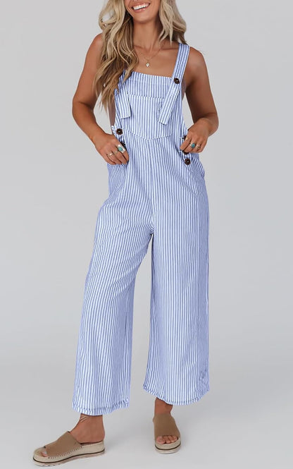 PRETTYGARDEN Overall Jumpsuit For Women 2025 Summer Casual Wide Leg Sleeveless Button Striped Jumpsuits Trendy Outfits