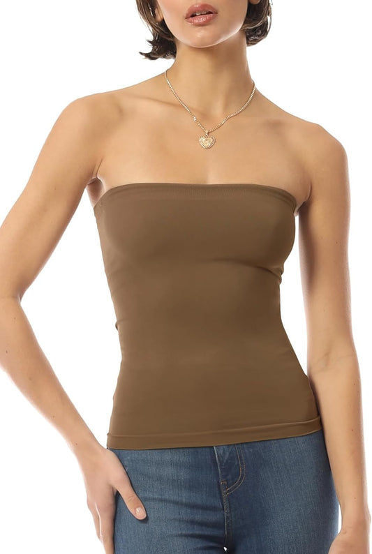 Design by Olivia Women's Basic Casual Seamless Stretch Long Bandeau Tube Top with Built-in Shelf Bra