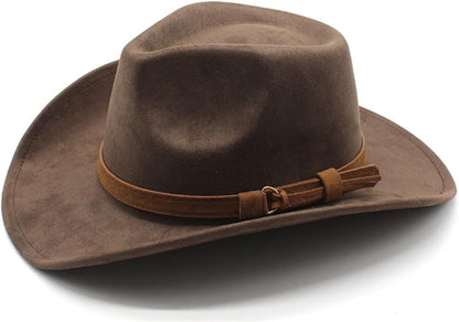 Unisex Western Suede Cowboy Cowgirl Hat Classic Wide Brim Fedora Hat for Men &Women