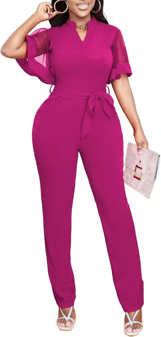 Oxgmoky Women's Jumpsuits Elegant Business V Neck Zipper Long Sleeve Sexy Strap Straight Long Pants Rompers With Pockets