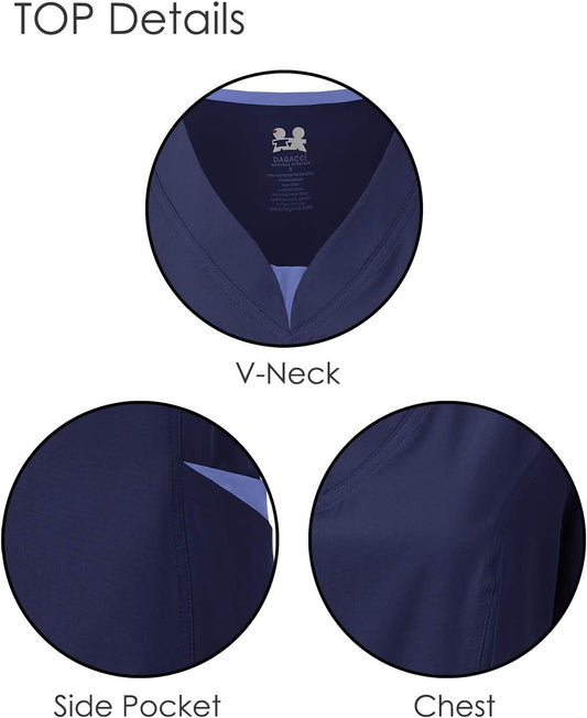 Dagacci Scrubs for Women Set – 4-Way Stretch Top and Pants Womens Scrub Sets, Contrast V-Neck and Pocket