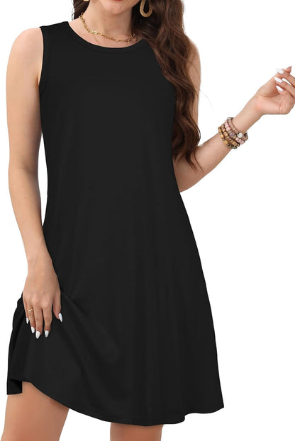 Womens Summer Dresses Casual Sleeveless Tshirt Sundress Beach Cover Up with Pockets Loose Tank Dress