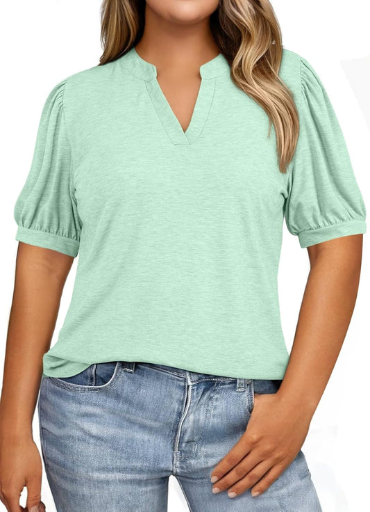 Eytino Womens Plus Size Tops V Neck Puff Short Sleeve Summer Loose Casual Solid Tees Shirts(1X-5X)