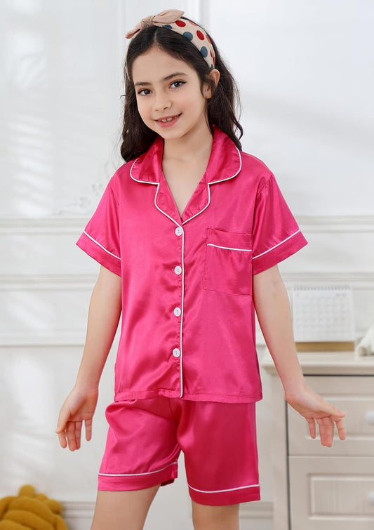 DIPUG Girls Pajamas Satin Pajama Set Silk Pjs Short Sleeve Sleepwear