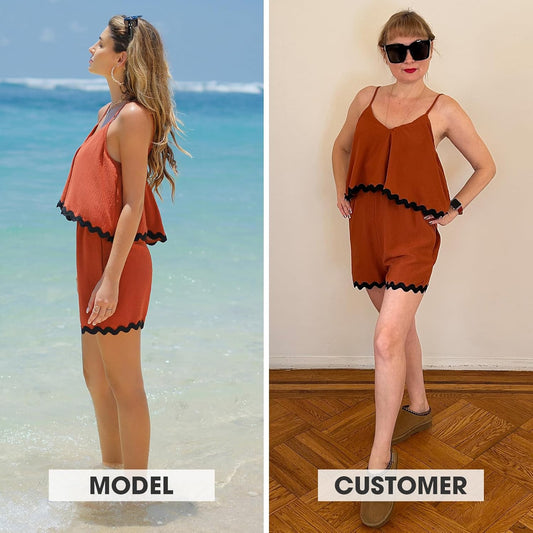 EXLURA Women's Summer Romper 2025 Spaghetti Strappy Ruffle Jumpsuit Halter Neck Pleated Outfits with Pockets