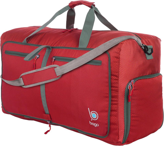 Bago Foldable Duffel Bags for Traveling Women & Men - 40L Sports Packable Duffle Bag for Travel with Shoe Compartment - Water Repellant, Heavy Duty, Lightweight Folding & Collapsible (Red)