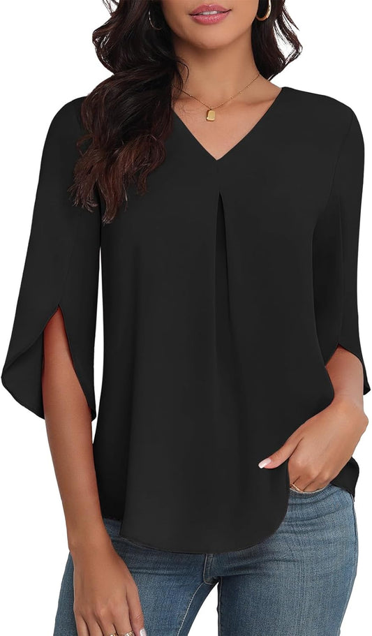 LAOLASI Womens Summer Chiffon Blouses 3/4 Sleeve V Neck Casual Loose Work Tops for Leggings 2025 Flowy Dressy Tshirts