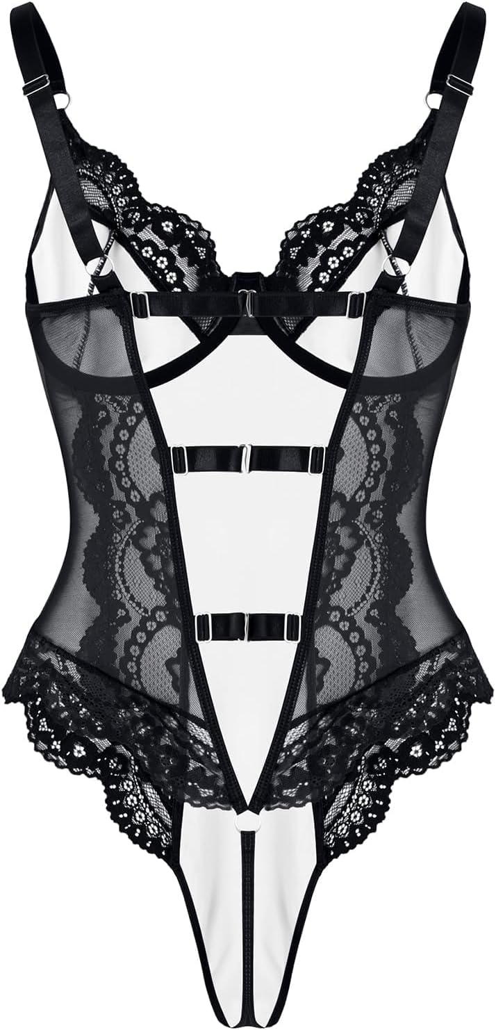 Lilosy Sexy Leather Underwire Push Up Floral Lace Sheer Corset Lingerie Women Teddy Bodysuit Bustier Top One Piece