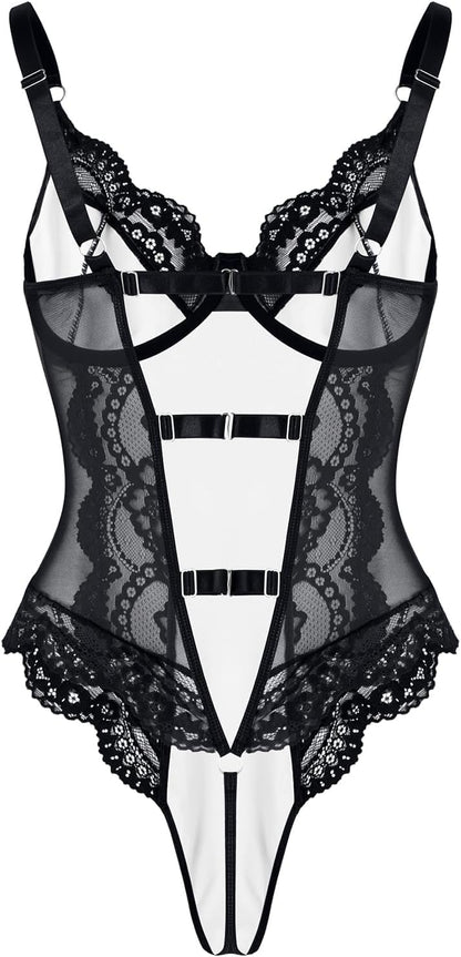 Lilosy Sexy Leather Underwire Push Up Floral Lace Sheer Corset Lingerie Women Teddy Bodysuit Bustier Top One Piece