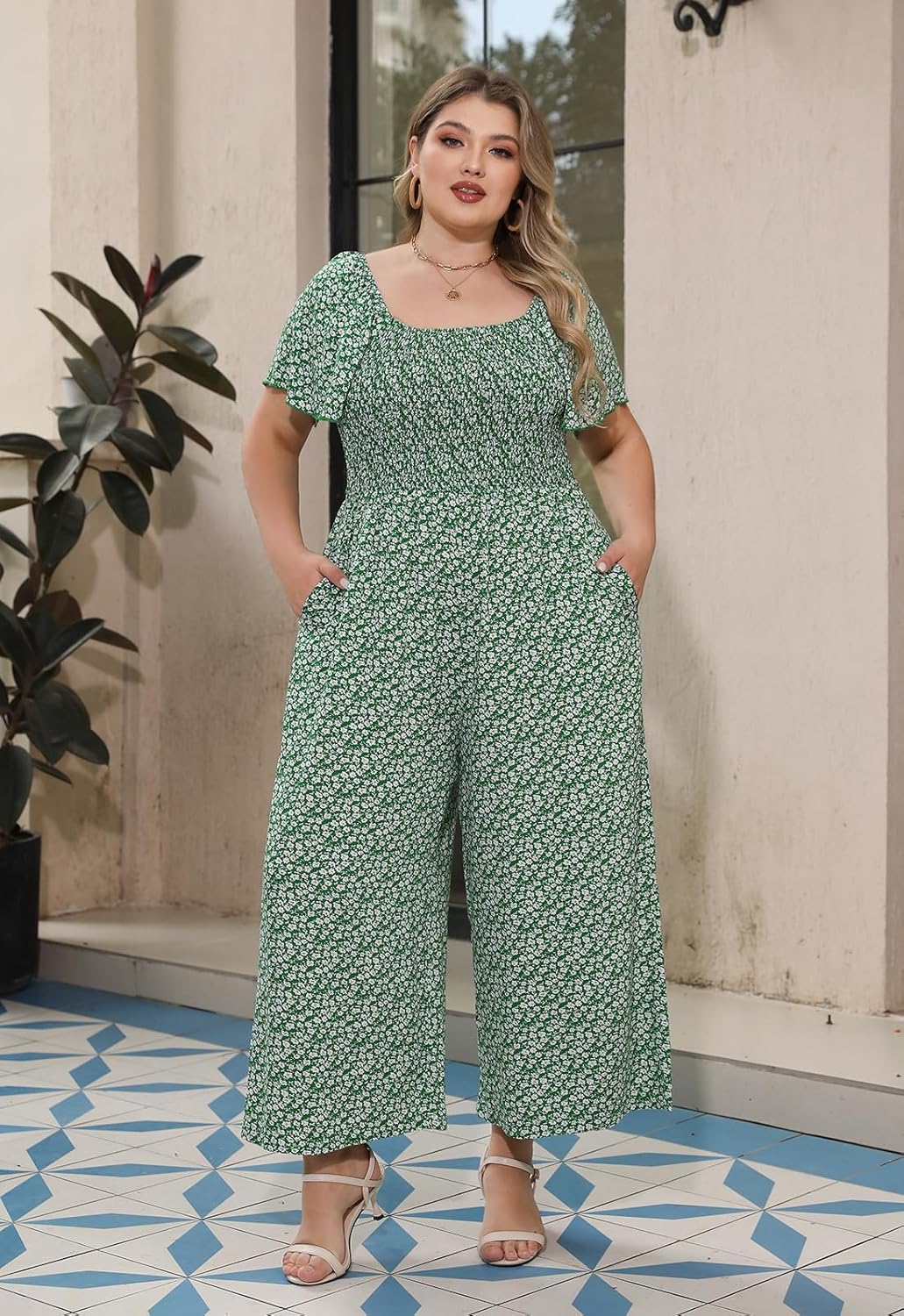 Nemidor Womens Plus Size Casual Long Pant Jumpsuits Summer Print Ruffle Sleeve Smocked Waisted Romper with Pocket 16-26