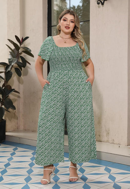 Nemidor Womens Plus Size Casual Long Pant Jumpsuits Summer Print Ruffle Sleeve Smocked Waisted Romper with Pocket 16-26