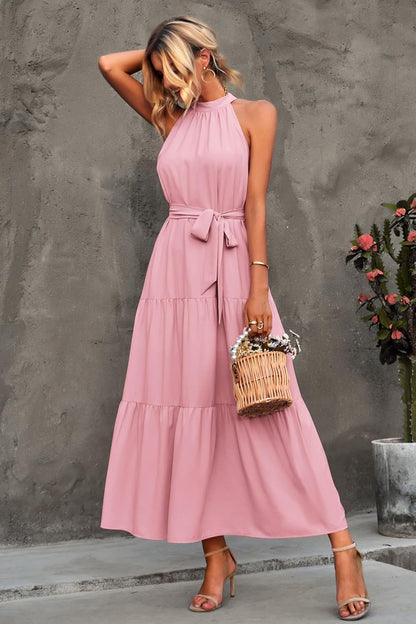 PRETTYGARDEN Women's Summer Floral Maxi Sun Dress Sleeveless Halter Neck Flowy Ruffle Hem Long Boho Dresses with Belt
