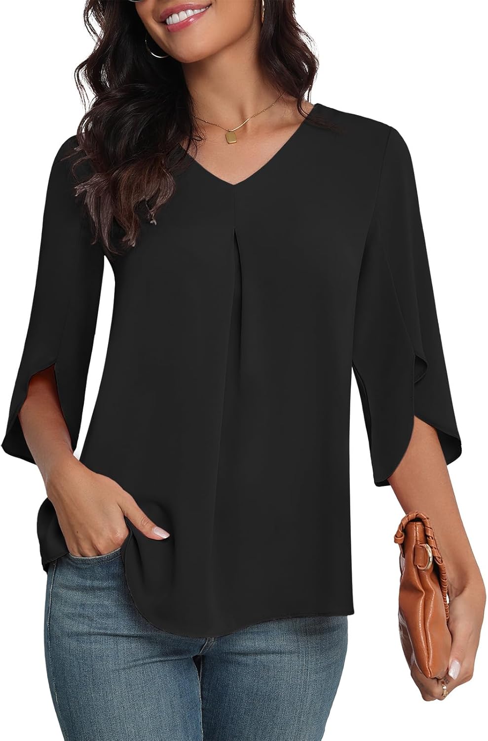 LAOLASI Womens Summer Chiffon Blouses 3/4 Sleeve V Neck Casual Loose Work Tops for Leggings 2025 Flowy Dressy Tshirts