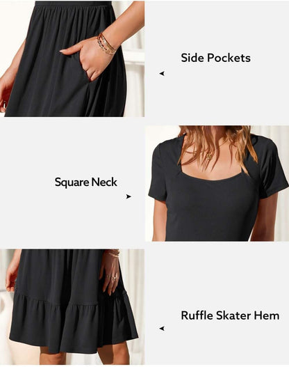 Newshows Women 2025 Summer Dress Square Neck Formal Short Sleeve Business Casual Outfits Ruffle Spring Pockets Sundress