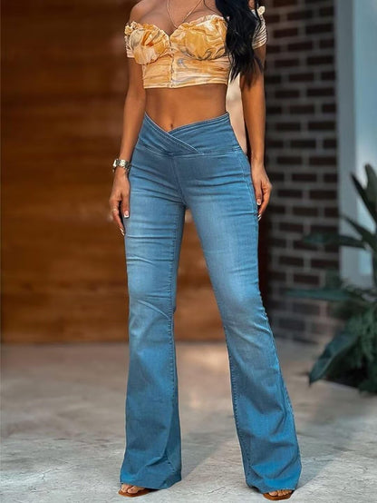 Flamingals Flared Wide Leg High Rise Casual Wash Wrap Denim Jeans Mid Blue 3XL