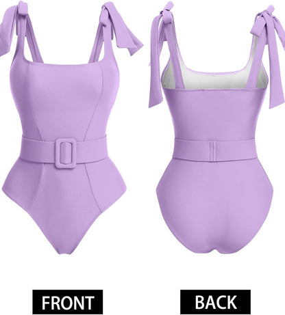 AI'MAGE Womens One Piece Swimsuit Belted 2024 Tummy Control Bathing Suits Square Neck Tie Shoulder Swim Suits Purple L