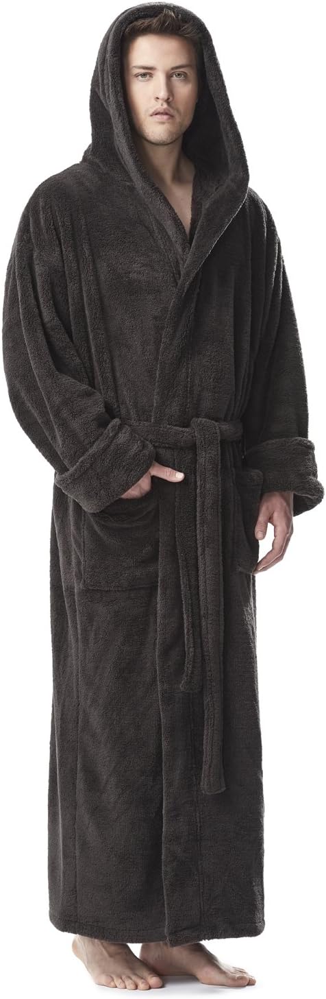 Arus Men's Fleece Robe, Long Hooded Turkish Bathrobe