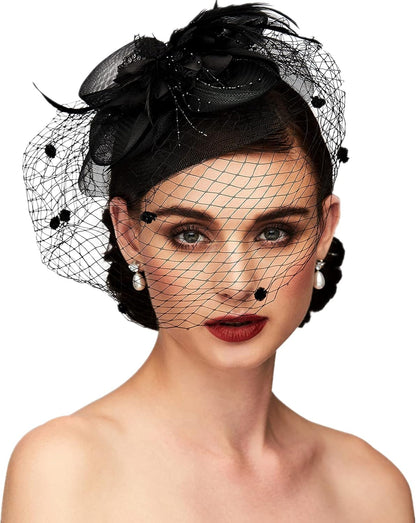 TS Fascinators Hat Tea Party Hat Mesh Floral Feather Hair Clip Women Fascinator Headband with Veil for Wedding Cocktail