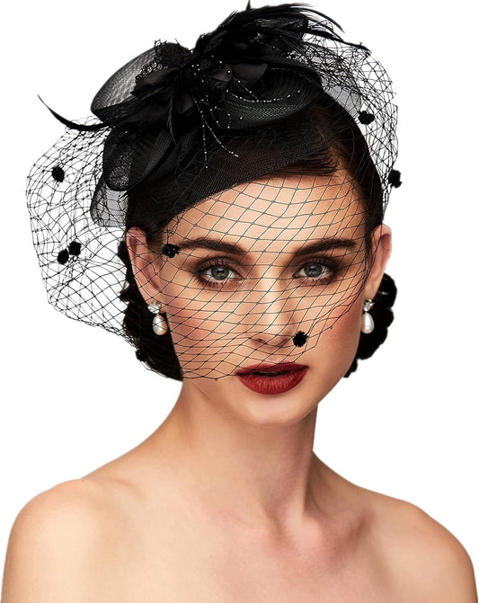 TS Fascinators Hat Tea Party Hat Mesh Floral Feather Hair Clip Women Fascinator Headband with Veil for Wedding Cocktail