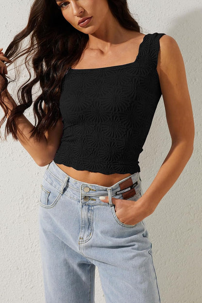 MISSACTIVER Women Square Neck Wide Straps Crop Tank Tops Casual Floral Sleeveless Lettuce Trim Slim Fit Crop Cami Vest Tops