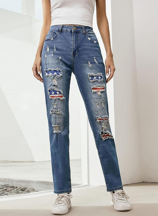 EVALESS Ripped Jeans for Women Plaid Patch Boyfriend Skinny Distressed Denim Jean Pants