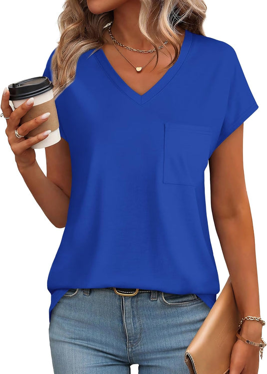 SAMPEEL Womens T Shirts V Neck Cap Short Sleeve Summer Tops Trendy 2025 Loose Casual Tshirts with Pocket