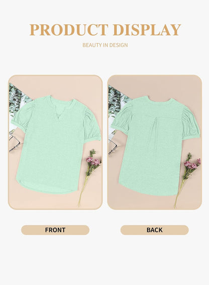 Eytino Womens Plus Size Tops V Neck Puff Short Sleeve Summer Loose Casual Solid Tees Shirts(1X-5X)