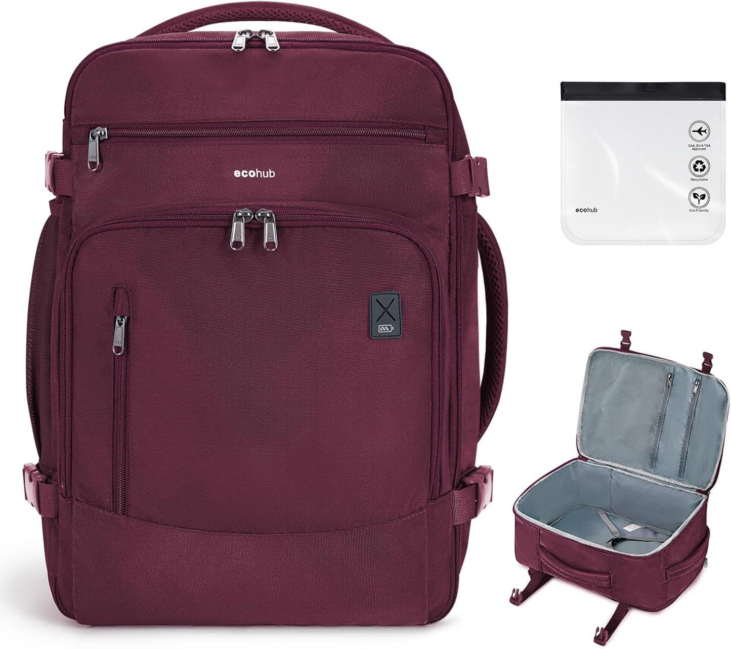 ECOHUB Travel Backpack for Women, 18x14x8 Spirit Airlines Personal Item Bag with Clear Toiletry Bag, Laptop Carry on Backpack with USB Port, Airline Approved Under Seat 14 Pockets 30L, Red