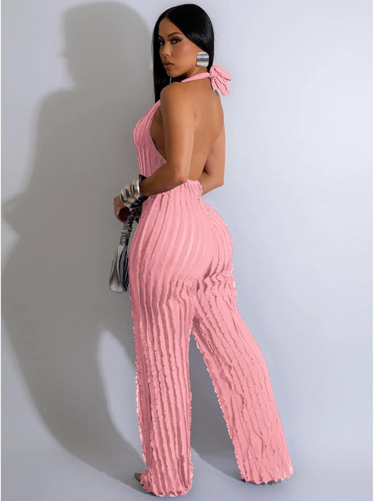 Adogirl Summer Sexy Halter Jumpsuits for Women V Neck Tie Knot Pleated Boho One Piece Wide Leg Long Pants Jumpsuit Romper