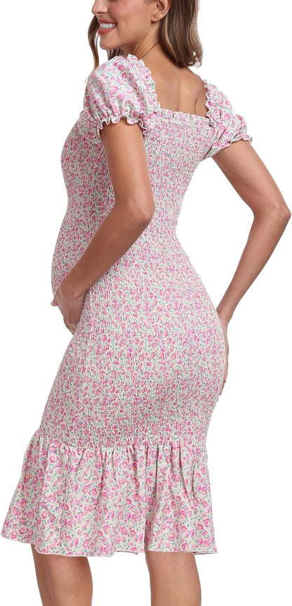 Summer Floral Midi Bodycon Maternity Dresses, Short Puff Sleeve Square Neck Ruffle Hem Mermaid Baby Shower Dress