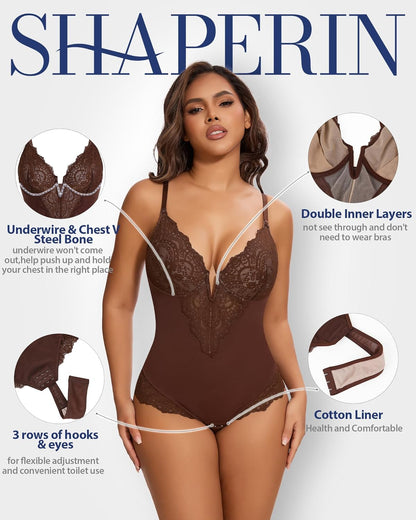 SHAPERIN Sexy Lace Shapewear Bodysuit Women's Sleeveless V Neck Tummy Control Backless Thong Tank Tops Body Suit Shaper