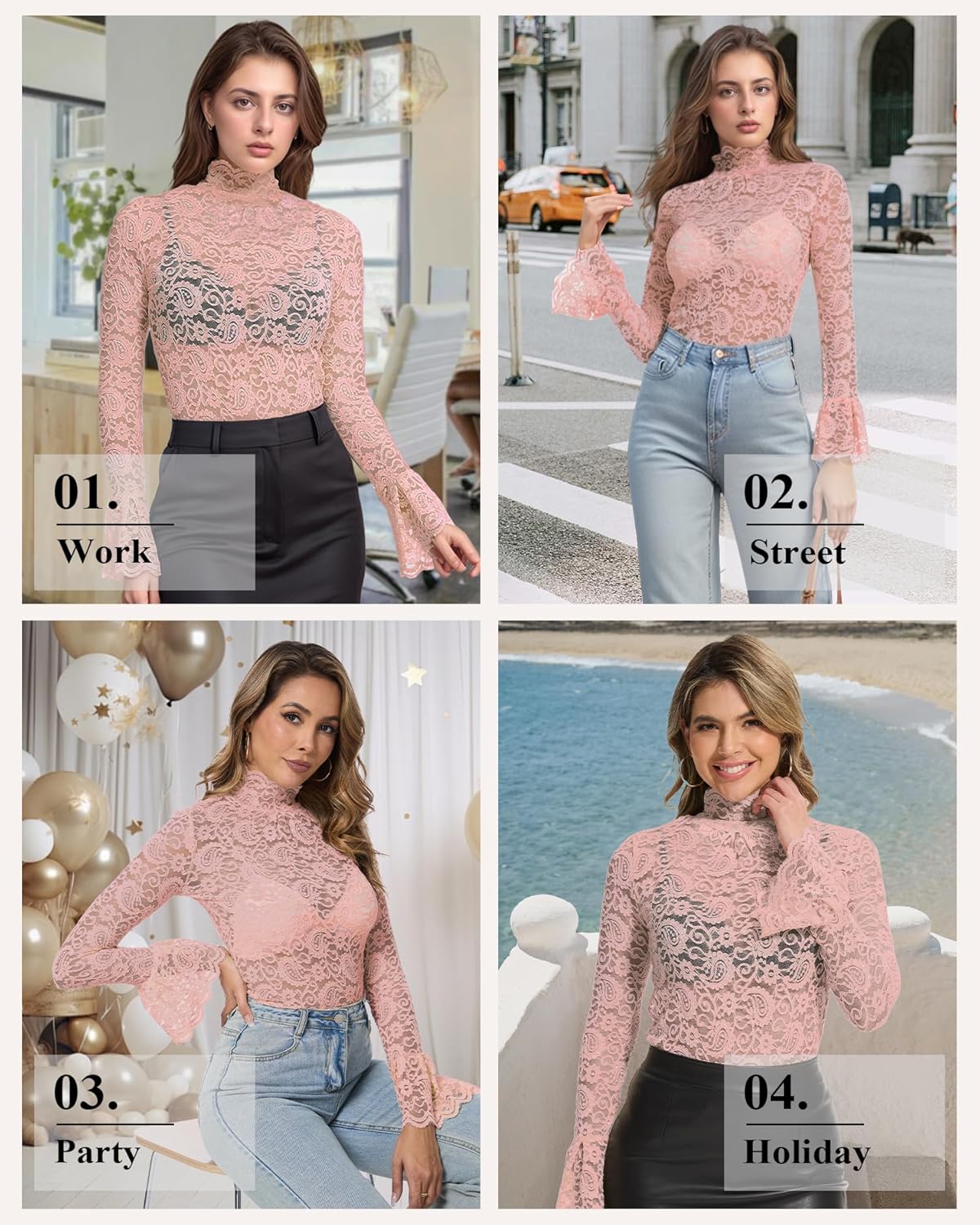 Women's Long Sleeve Lace Mesh Tops High Neck Sheer Blouse Sexy Floral Going Out Top