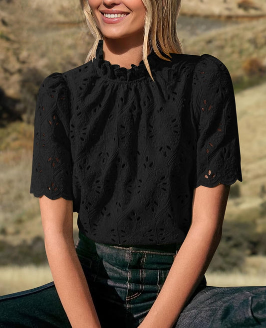 PRETTYGARDEN Summer Tops for Women 2025 Trendy Short Sleeve Eyelet Embroidered Dressy Casual Blouse Shirts