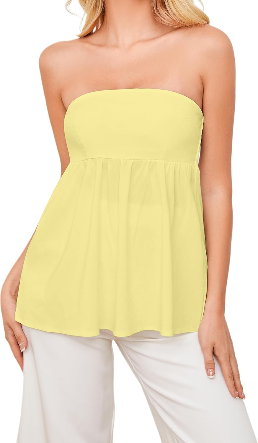 Ythomm Womens’s Ruffle Hem Bandeau Tube Tops Casual Sleeveless Strapless Peplum Flowy Blouse Shirts Summer Going Out Tanks