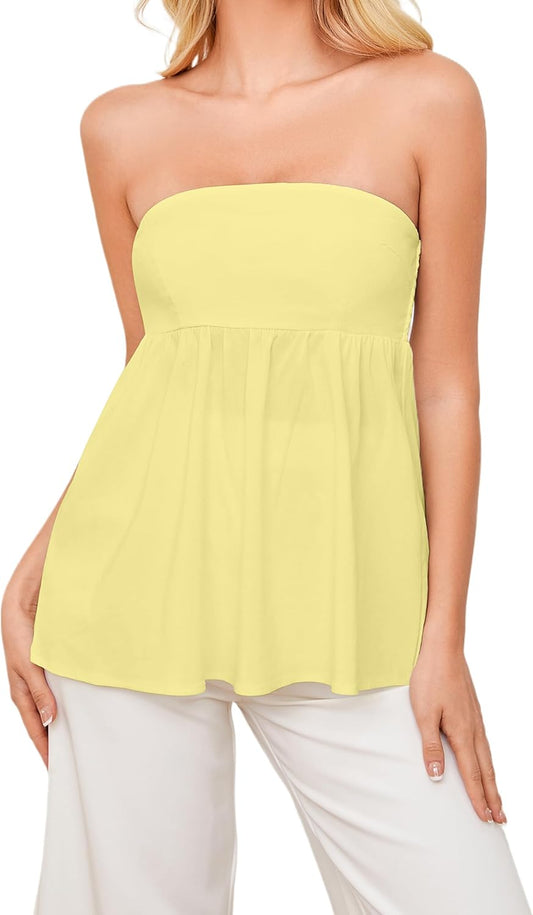 Ythomm Womens’s Ruffle Hem Bandeau Tube Tops Casual Sleeveless Strapless Peplum Flowy Blouse Shirts Summer Going Out Tanks